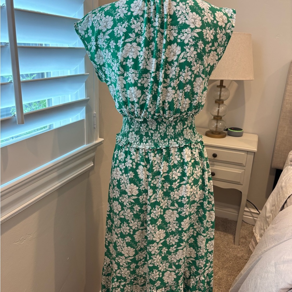 Sienna Sky Green and White Floral Tie-Neck Midi Dress - Picture 5 of 5